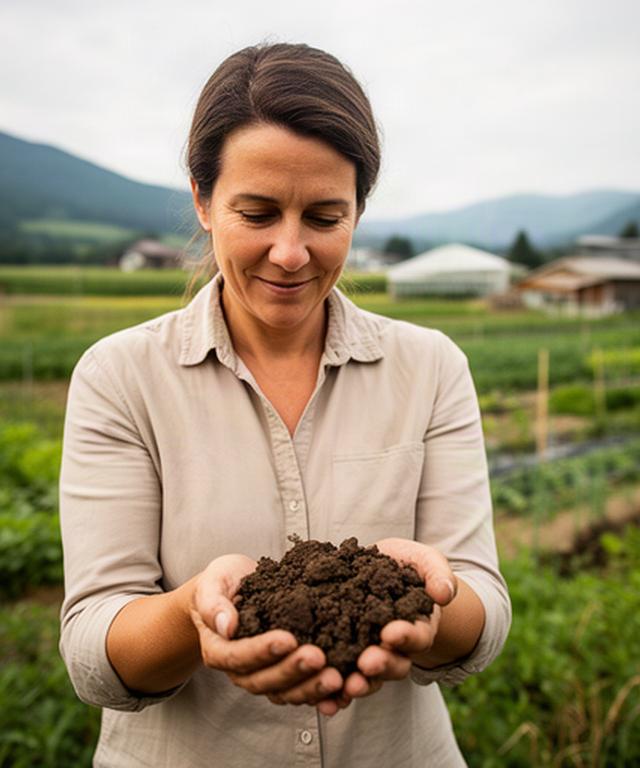 Landwirtin prüft einen gesunden Ackerboden auf einem Bio-Betrieb in Kärnten