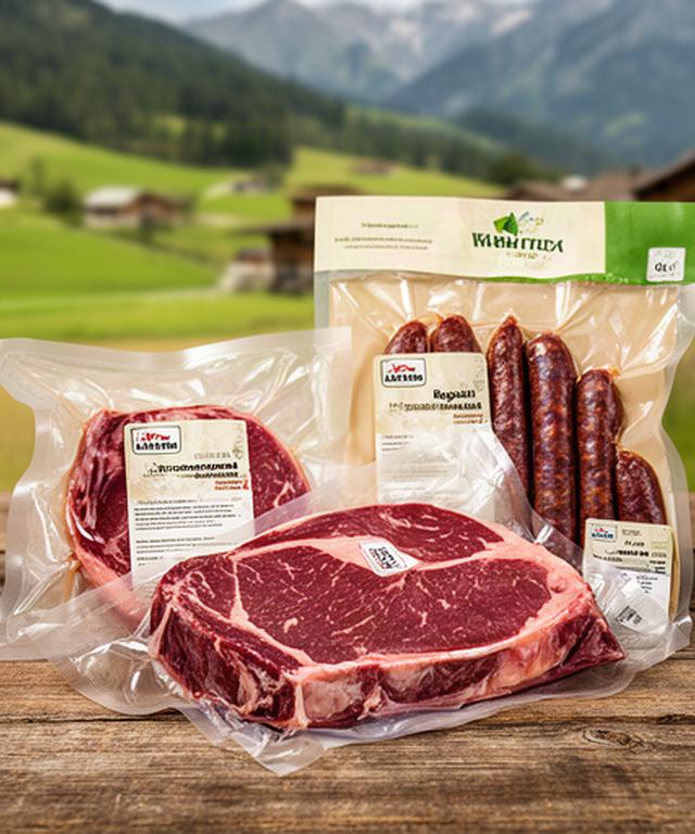 Vakuumverpacktes Rindfleisch und regionale Wurstwaren auf einem Holztisch am Hof in Kärnten