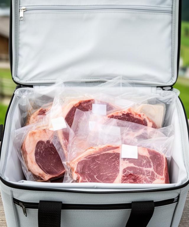 Beschriftete Fleischpakete in einer sauberen Kühltasche bei der Abholung am Bauernhof