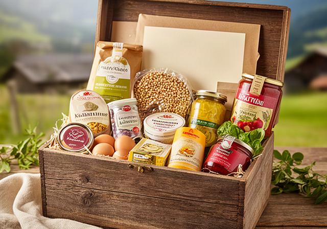 Offene Geschenkbox mit regionalen Kärntner Produkten auf einem Holztisch in Völkermarkt