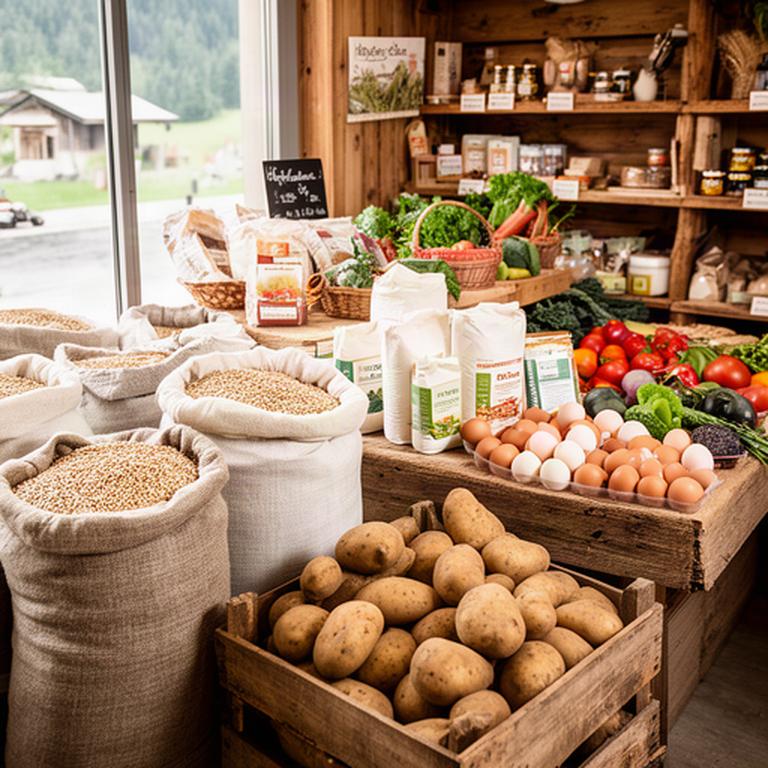 Hofladen in Kärnten mit Säcken voller Getreide, Kartoffelkisten und regionalen Produkten