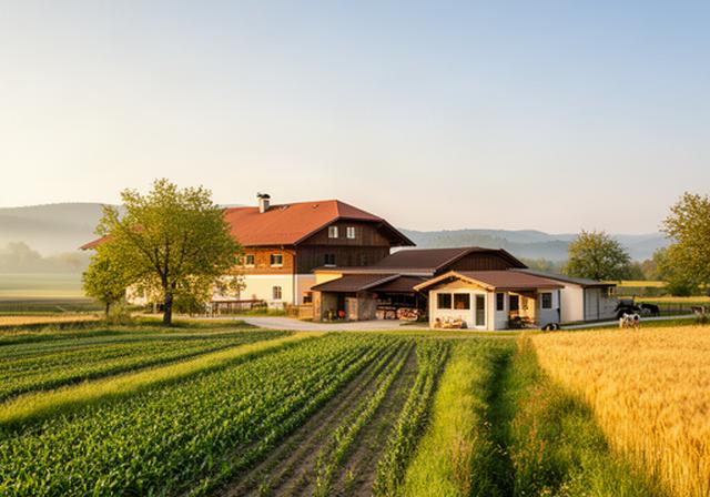 Landwirtschaftlicher Hof in Kärnten mit Feldern, Stallgebäude und Hofladen im Morgenlicht