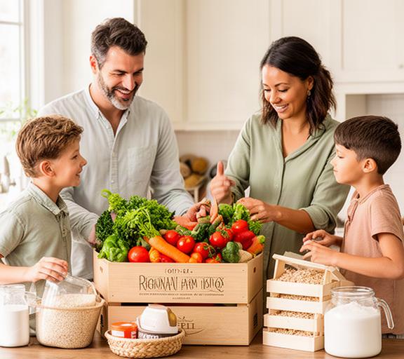 Familie sortiert eine regionale Lebensmittelbox mit Gemüse und Grundnahrungsmitteln in einer hellen Küche