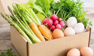 Frühlingsgemüse mit jungen Kräutern und Eiern in einer regionalen Hofladenbox