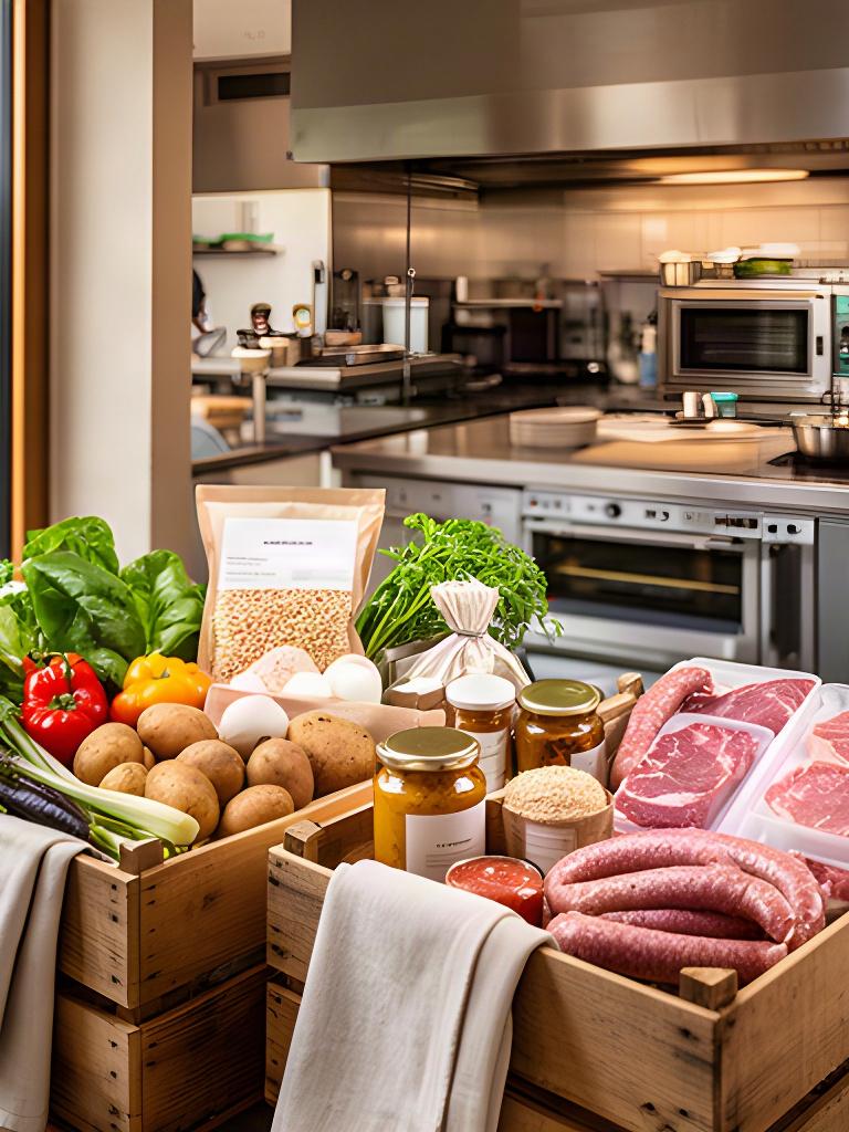 Kisten mit regionalen Lebensmitteln neben einer professionellen Hotelküche in Kärnten