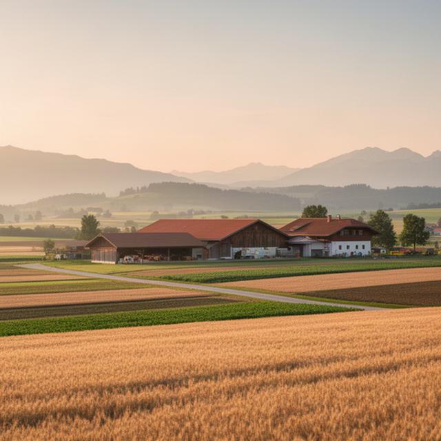 Ackerflächen und Stallgebäude eines Kärntner Bauernhofs bei Völkermarkt im warmen Morgenlicht